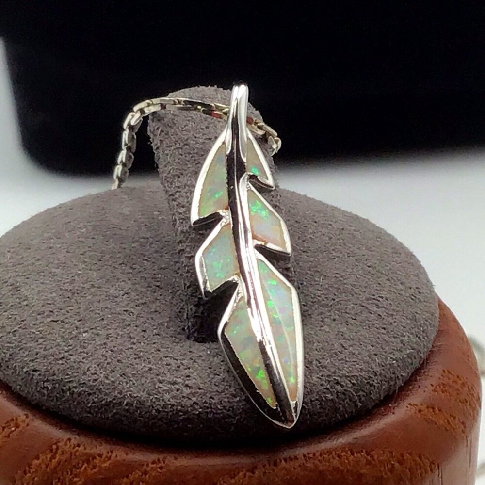 Sterling Silver Feather Pendant Opal Inlay With 16" Chain